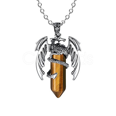 Natural Tiger Eye Bullet with Dragon Pendant Necklace with Zinc Alloy Chains PW-WG99720-01-1