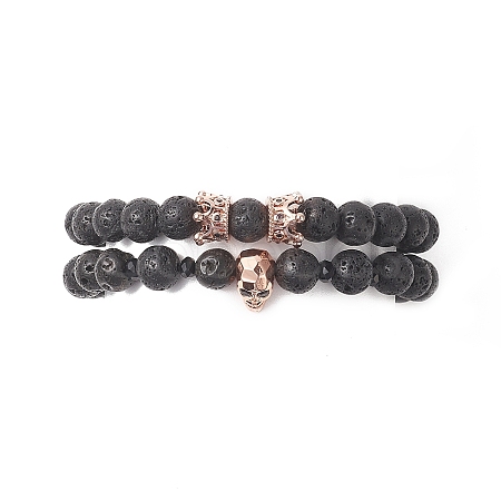 2Pcs 2 Style Natural Lava Rock & Brass Beaded Stretch Bracelets Set BJEW-JB09244-02-1