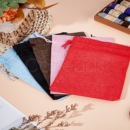 5Pcs 5 Colors Rectangle Polyester Imitation Burlap Packing Pouches Drawstring Bags ABAG-LP0001-65A-1