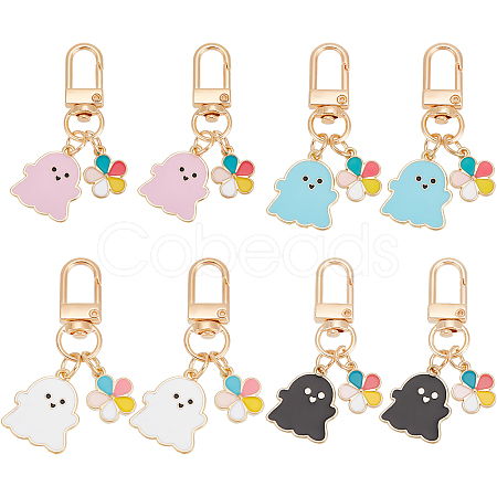 8Pcs 4 Colors Halloween Ghost Colorful Flower Alloy Enamel Pendant Decorations HJEW-CP0001-07-1