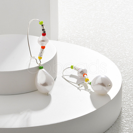 Brass & Glass & Plastic Imitation Pearl Teardrop Hoop Earrings EJEW-Q391-11S-1