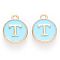 Golden Plated Alloy Enamel Charms, Cadmium Free & Lead Free, Enamelled Sequins, Flat Round with Letter, Sky Blue, Letter.T, 14x12x2mm, Hole: 1.5mm