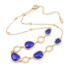 304 Stainless Steel Blue Glass Teardrop Ring Link Chian Necklaces for Women NJEW-D326-03G-5