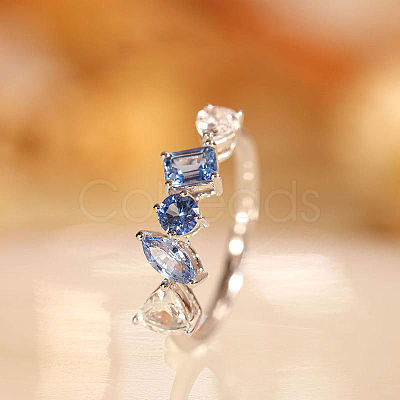 Rectangle Horse Eye Triangle Brass Micro Pave Clear & Blue Cubic Zirconia Finger Rings for Women FS-WG723F9-04-1