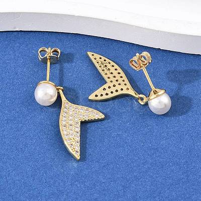 Fishtail Brass Micro Pave Clear Cubic Zirconia Dangle Stud Earrings EJEW-C172-06G-1