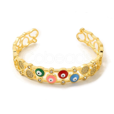 Colorful Enamel Evil Eye Open Cuff Bangle with Cubic Zirconia BJEW-A136-05G-1