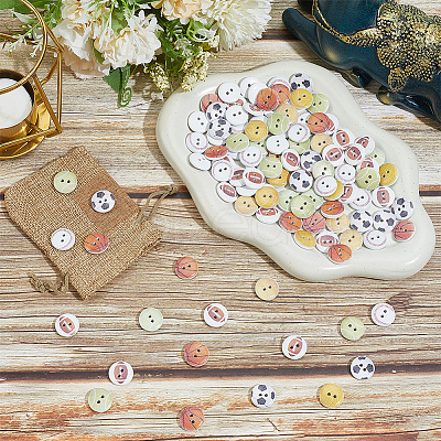 2 Bags 2-Hole Printed Wooden Buttons BUTT-SP0001-21-1