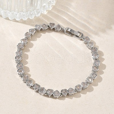 Heart Brass Micro Pave Clear Cubic Zirconia Link Chain Bracelets for Women BJEW-C156-07C-P-1