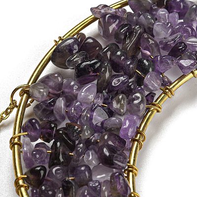 Wire Wrapped Natural Amethyst Chip Moon Pendant Decoration HJEW-C006-03A-1