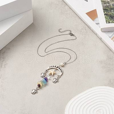 Natural & Synthetic Mixed Gemstone Moon Phase with Starfish Tortoise Pendant Necklace NJEW-JN04247-1