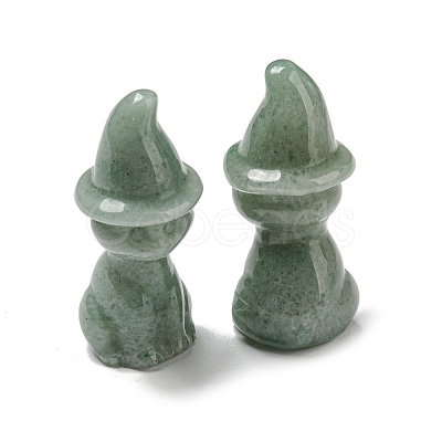 Natural Green Aventurine Carved Healing Cat with Witch Hat Figurines DJEW-D012-07F-1