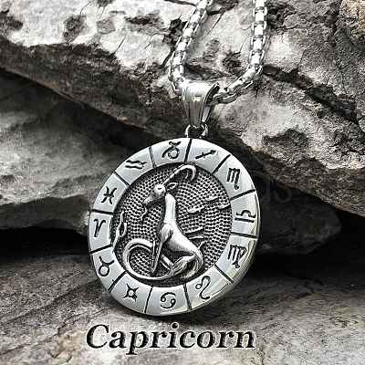 Flat Round with Engraved Twelve Constellation Alloy Pendant Necklace for Women Men LS-WG25F4B-11-1
