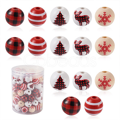 100Pcs 5 Style Christmas Themed Dyed Natural Wooden Beads WOOD-BT0001-07-1