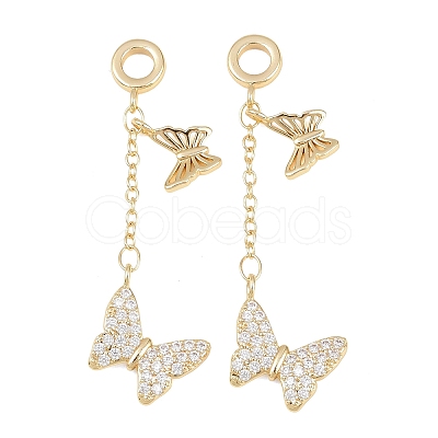 Brass Micro Pave Clear Cubic Zirconia Double Butterfly European Dangle Charms KK-H257-04G-1