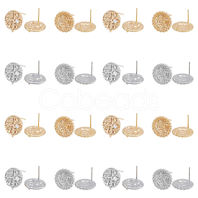 8Pcs 4 Style Flat Round with Flower Brass Micro Pave Clear Cubic Zirconia Stud Earrings Findings KK-DC0002-90-1