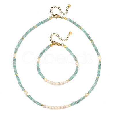 Natural Amazonite & Natural Cultured Freshwater Pearl Bead Bracelets & Necklaces Sets SJEW-JS01386-1