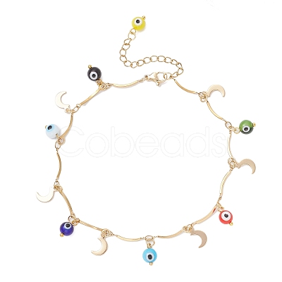 Handmade Evil Eye Lampwork & Stainless Steel Moon Tassel 304 Stainless Steel Curved Bar Link Chain Anklets for Women AJEW-AN00742-01-1