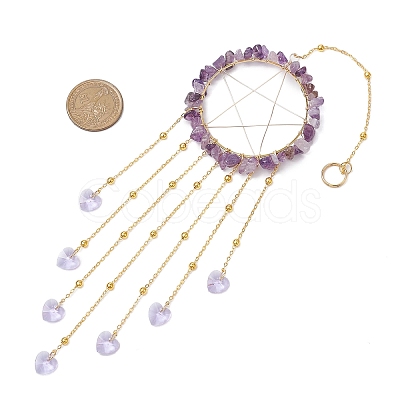 Wire Wrapped Natural Amethyst Chips Ring Hanging Ornaments HJEW-JM02371-06-1