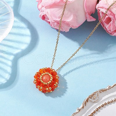 Dyed Natural Mashan Jade & Glass Seed Beaded Flat Round Pendant 304 Stainless Steel Cable Chain Necklaces NJEW-MZ00129-04-1