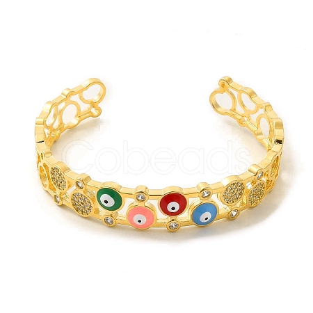 Colorful Enamel Evil Eye Open Cuff Bangle with Cubic Zirconia BJEW-A136-05G-1