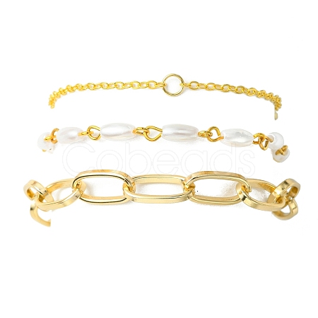 3Pcs 3 Style Aluminium Paperclip & Brass Curb & Imitation Pearl Acrylic Beaded Link Chain Bracelets Set BJEW-FS0001-08-1