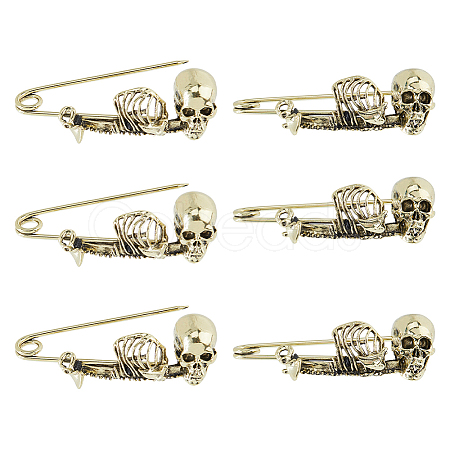 6Pcs Skeleton Halloween Zinc Alloy Brooch JEWB-FH0002-37AG-1