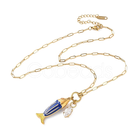 Ocean 304 Stainless Steel Enamel Fish Pendant Paperclip Chain Necklaces with Clear Cubic Zirconia SA-CBAD22F-07G-A-1