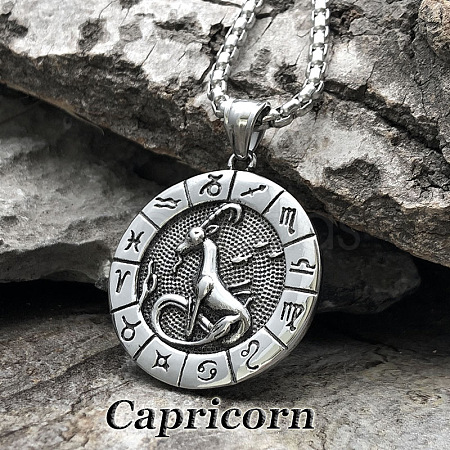 Flat Round with Engraved Twelve Constellation Alloy Pendant Necklace for Women Men LS-WG25F4B-11-1