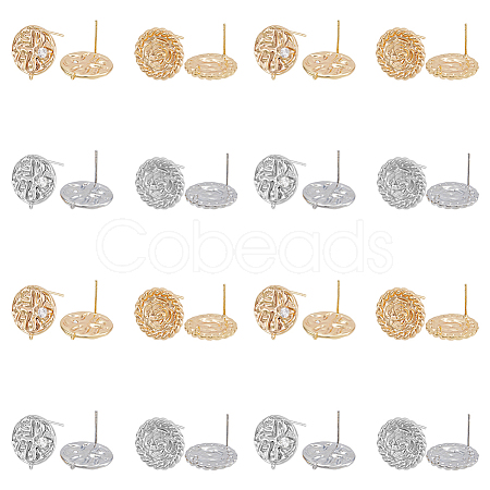 8Pcs 4 Style Flat Round with Flower Brass Micro Pave Clear Cubic Zirconia Stud Earrings Findings KK-DC0002-90-1