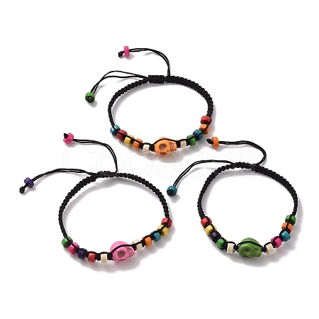 Synthetic Turquoise Skull & Wood Disc Braided Bead Bracelet for Halloween BJEW-TA00260-1