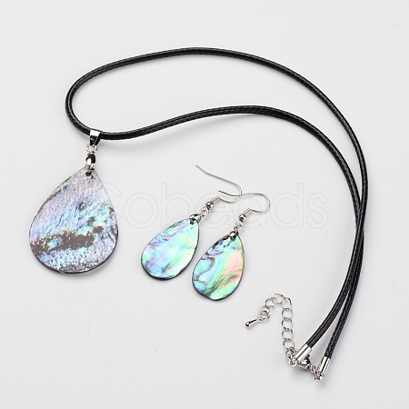 Teardrop Waxed Cord Natural Paua Shell Pendant Necklaces and Earrings Jewelry Sets SJEW-M088-02-1