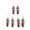 Natural Red Jasper Bullet with Flower Dangle Earrings, Platinum Tone Brass Jewelry for Women, Cadmium Free & Lead Free, 62~63mm, Pin: 0.6mm