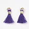 Polycotton(Polyester Cotton) Tassel Pendant Decorations, Mini Tassel, with Brass Findings, Light Gold, Indigo, 10~15x3~4mm, Hole: 2mm