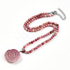 Natural Rhodonite 4.5mm Round Beaded Flower Pendant Necklaces NJEW-T016-04L-3
