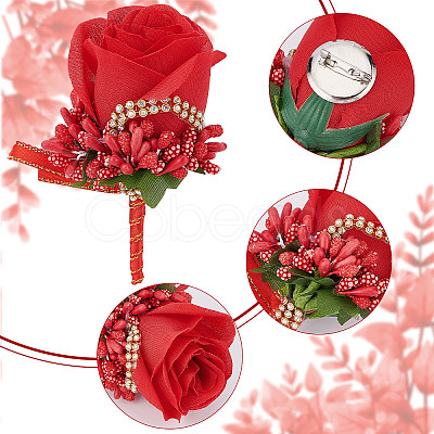 CRASPIRE 8Pcs Cloth Rose Flower Boutonniere Brooch with Rhinestone AJEW-CP0001-79B-1