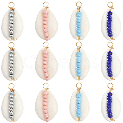 24Pcs 4 Colors Natural Cowrie Shell & Glass Seed Beads Copper Wire Wrapped Pendants FIND-SC0019-11-1