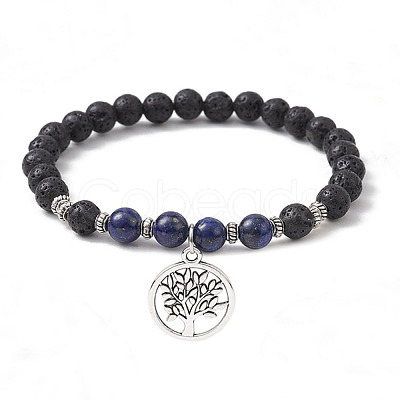 Natural Lava Rock & Natural Lapis Lazuli Gemstone Round Beaded Stretch Bracelet BJEW-JB09767-02-1