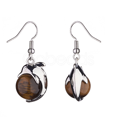 Natural Tiger Eye Dolphin Dangle Earrings with Crystal Rhinestone EJEW-A092-20P-17-1