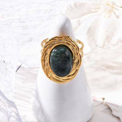 Oval Natural Moss Agate Finger Rings RJEW-M063-01G-07-1
