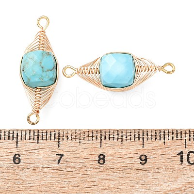 Natural Turquoise Faceted Cube Links Connector Charms with Copper Herringbone Wire-Wrapped KK-Z152-06G-01B-1