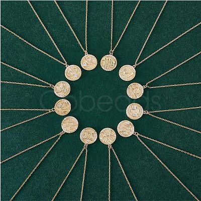 925 Sterling Silver 12 Constellation Necklace Gold Horoscope Zodiac Sign Necklace Round Astrology Pendant Necklace with Zircons Birthday Jewelry Gift for Women Men JN1089F-1
