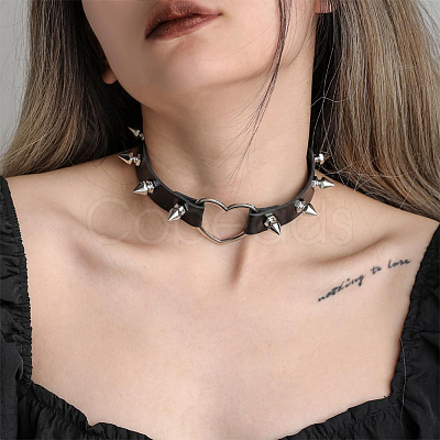 2Pcs Adjustable Gothic PU Leather Alloy Heart Spike Rivet Heart Choker Necklaces for Women NJEW-CL0001-17A-1