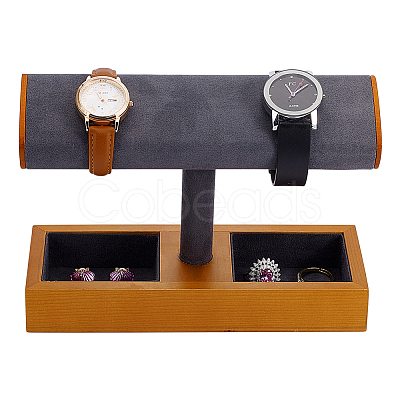 T-Shaped Bar Wood with Velvet Watch Organizer Display Stands with Rectangle Trays for Rings Necklaces Earrings ODIS-PH0009-16B-1