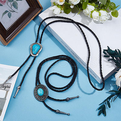 2Pcs 2 Styles Alloy & Synthetic Turquoise Oval Triangle Pendant Boho Tie Lariat Necklaces NJEW-GF0001-18-1