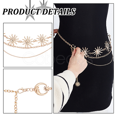 2Pcs 2 Styles Moon Sun Alloy Link Waist Body Chains AJEW-UN0002-20G-1