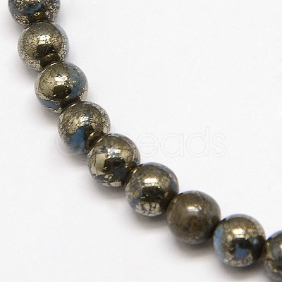 Electroplate Gemstone Natural Pyrite Round Beads Strands G-L129-6mm-01-1