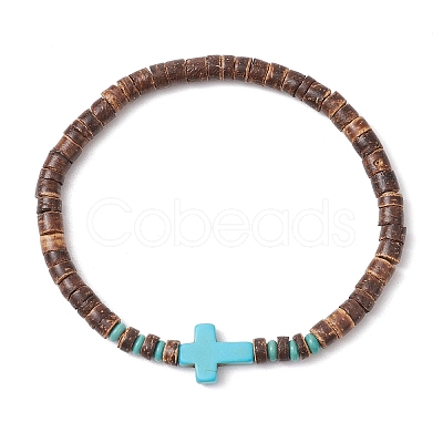 Cross Natural Coconut & Synthetic Turquoise Beads Stretch Bracelets for Men BJEW-JB11389-01-1