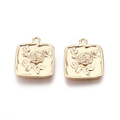 Square with Rose Pattern Brass Pendants KK-G436-20G-1