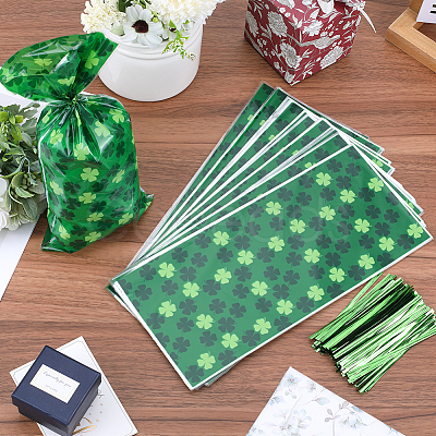 Rectangle Shamrock Clover Print Plastic Cookies Packing Pouches ABAG-WH0038-35A-1