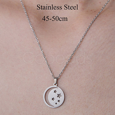 Non-Tarnish 201 Stainless Steel Moon with Star Pendant Necklace NJEW-OY001-11-1